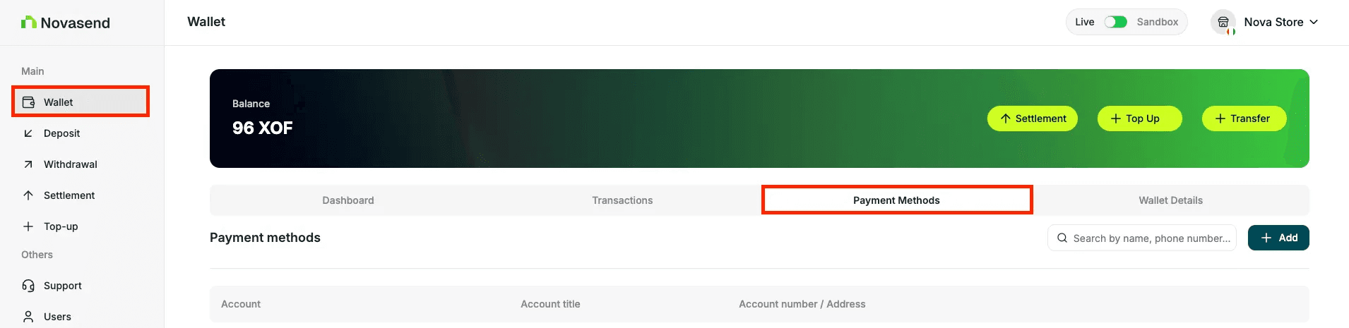 Payment Methods Tab
