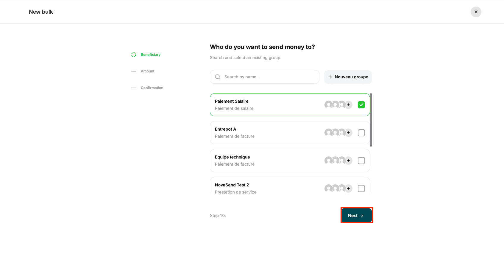 Image: Selecting the group and Next button