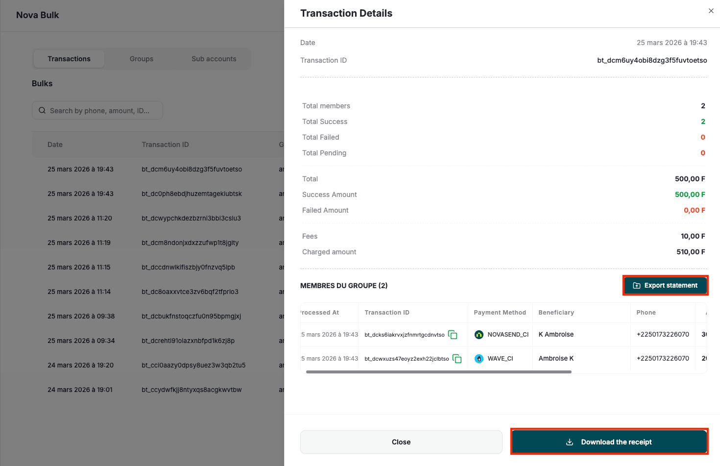 Image: Bulk transaction details screen with download receipt and statement buttons