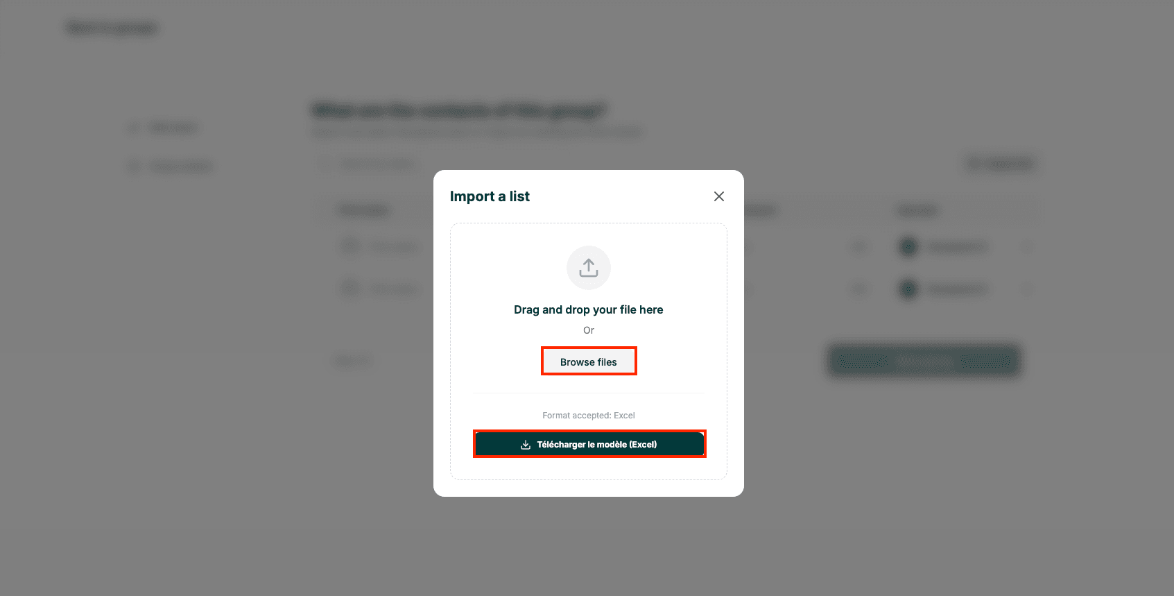 Image: Import modal and Download template (excel) button