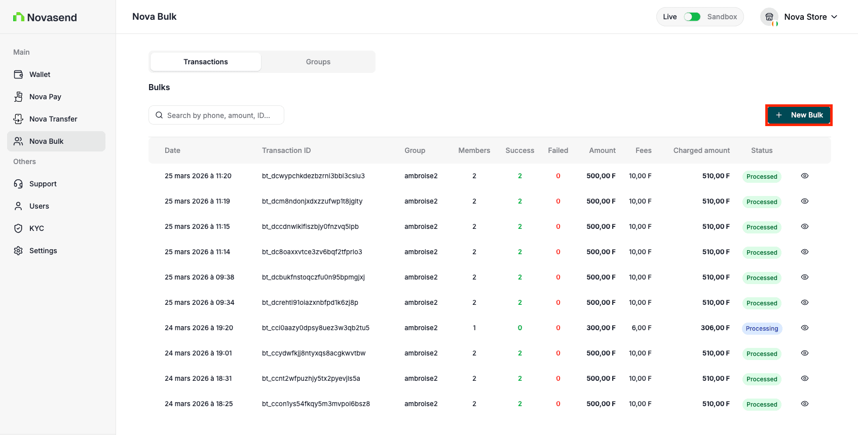 Image: Click on Transaction tab and New bulk button
