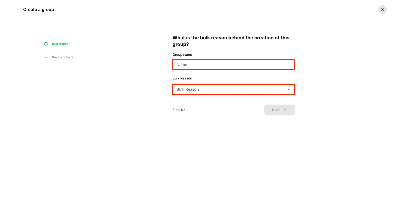 Image: Entering group name and reason