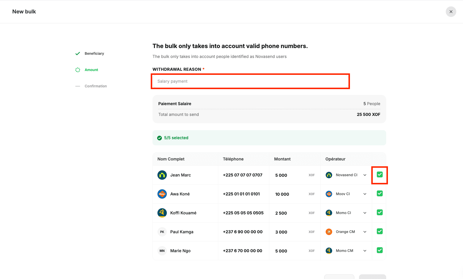 Image: Entering bulk reason and Next button